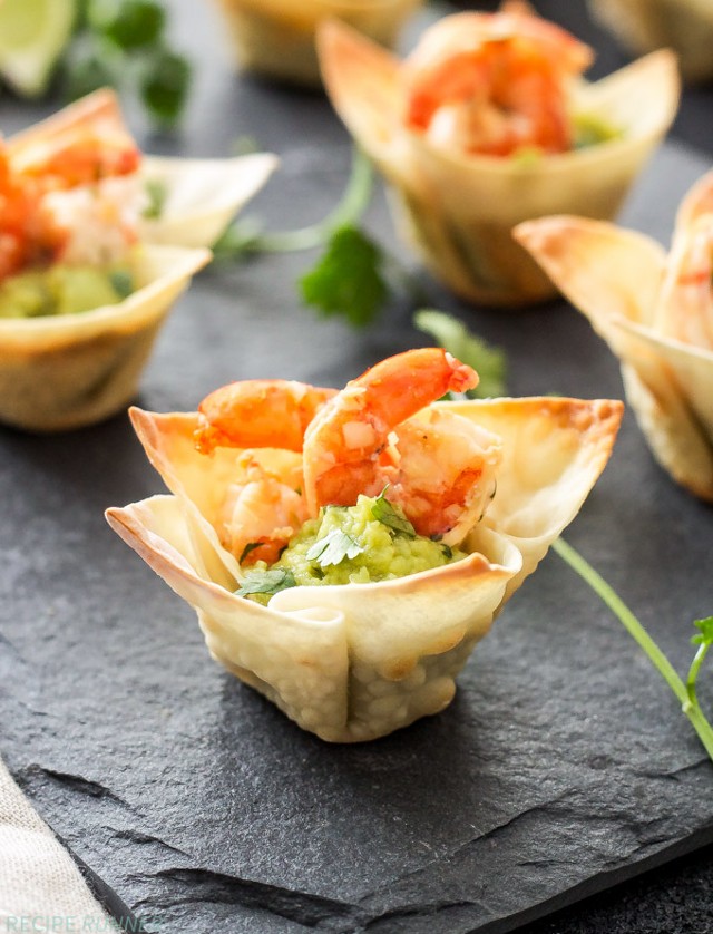 shrimp and guacamole wonton cups