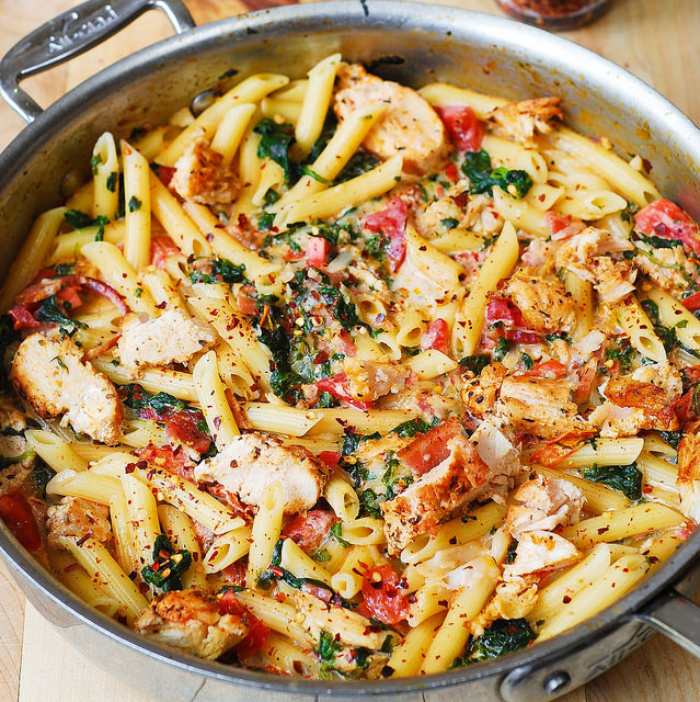 Chicken And Bacon Pasta With Spinach And Tomatoes In A Garlic Cream