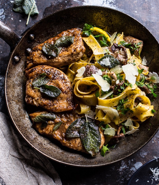 browned butter chicken piccata with mushroom pappardelle