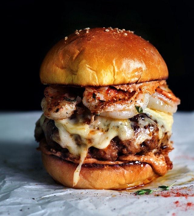 chorizo manchego burgers with garlic shrimp